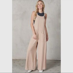 NEW • Taupe Cotton Gauze Wide Leg Jumpsuit • Beige Summer Overalls • Size Small